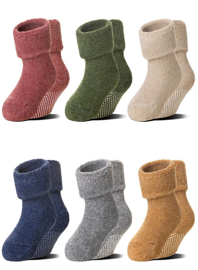 Eocom 6 Pairs Baby Boy Girl Non Slip Socks Child Toddler Winter Thick Soft Wool Kids Warm Socks with Grips (Solid Color B, 0-12 Months) - Image 1